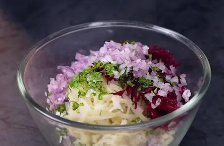 Preparing stuffing for Pinwheel Aloo Paratha