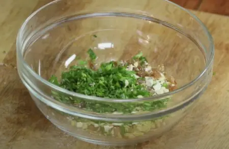 Chopped cashews, raisins, and spices mixed for the kebab stuffing.