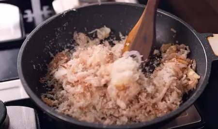 Roasting garlic ginger onion coconut to make smooth vatan paste for Konkan Veg Thali Vaal Chi Bhaji