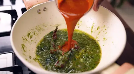 Step 6: Adding tomato puree to masala for Masala Tendli Aloo