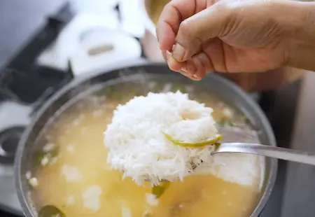 Spices boiling in water with partially cooked rice