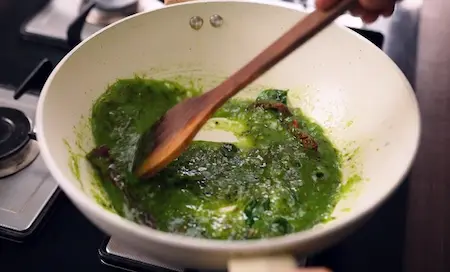 Step 5: Cooking the green masala paste for Masala Tendli Aloo
