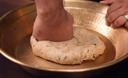 Step 1: Kneading stiff dough with atta, maida, ajwain and kasoori methi for Aligarh Kachori