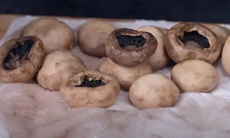 Washed and prepared button mushrooms with stems removed.