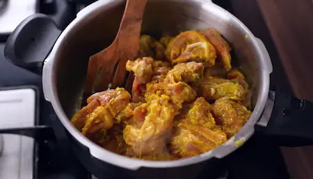 Step 2: cooking mutton alni stock for Kolhapuri Sukka Mutton & Tambda Rassa