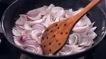 Step 2: shallow frying onions for Dhaba Style Matar Paneer